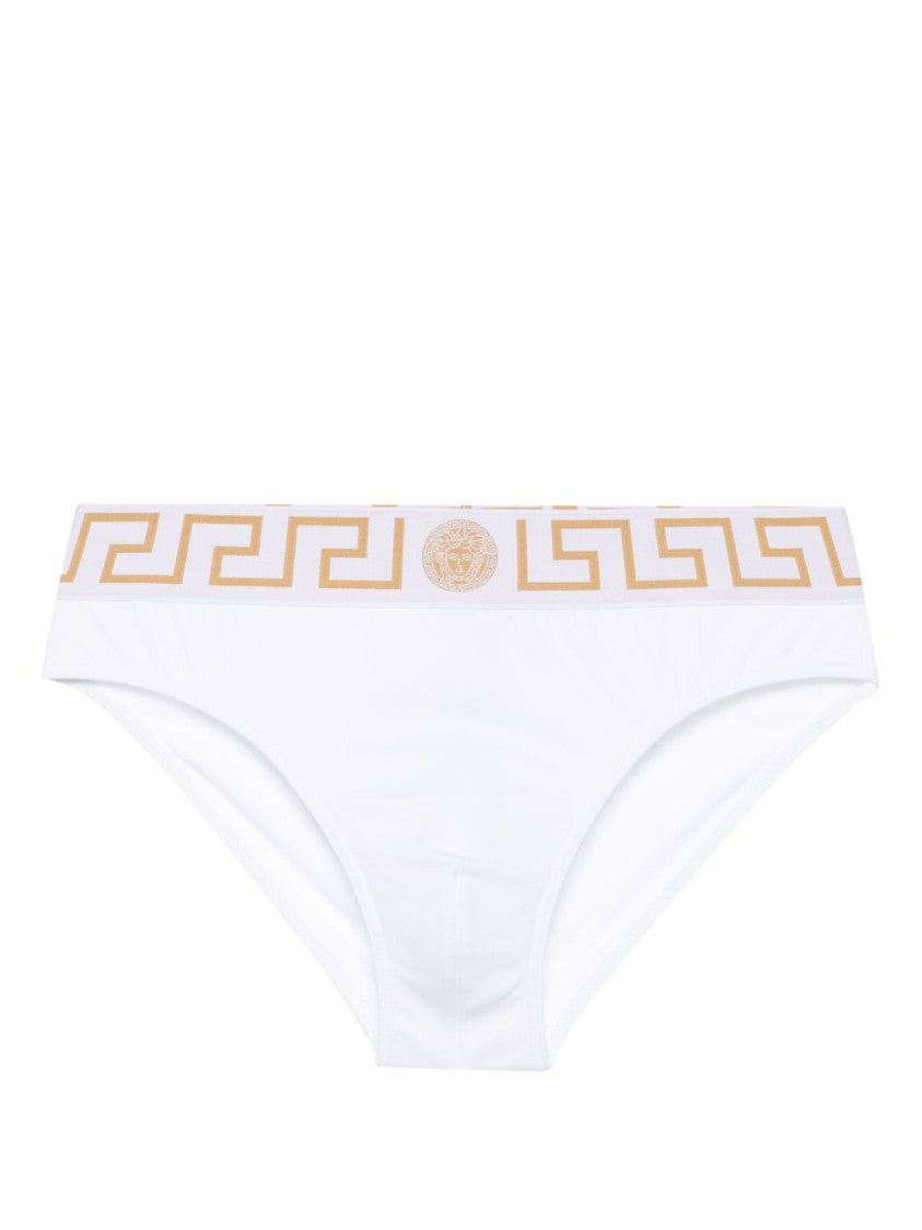 Versace White Swim Briefs With Greca Border And Medusa Motif