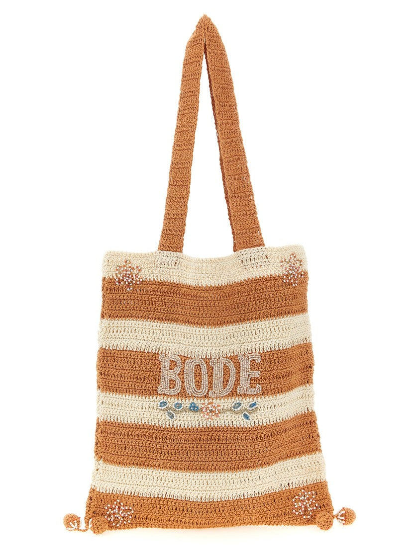 Bode Handmade Crochet Shopping Bag With Floral Embroidery And Tassels