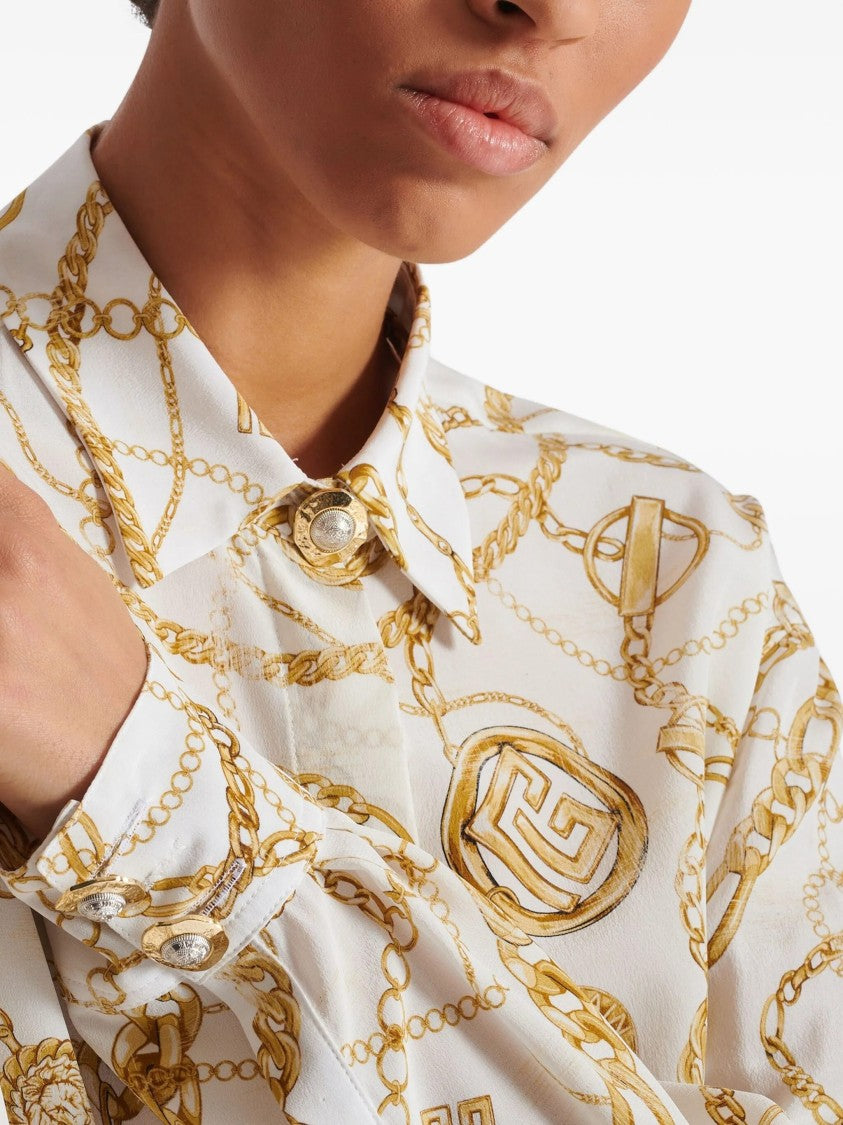 Balmain White Ls Shirt Chain Print Silk Shirt