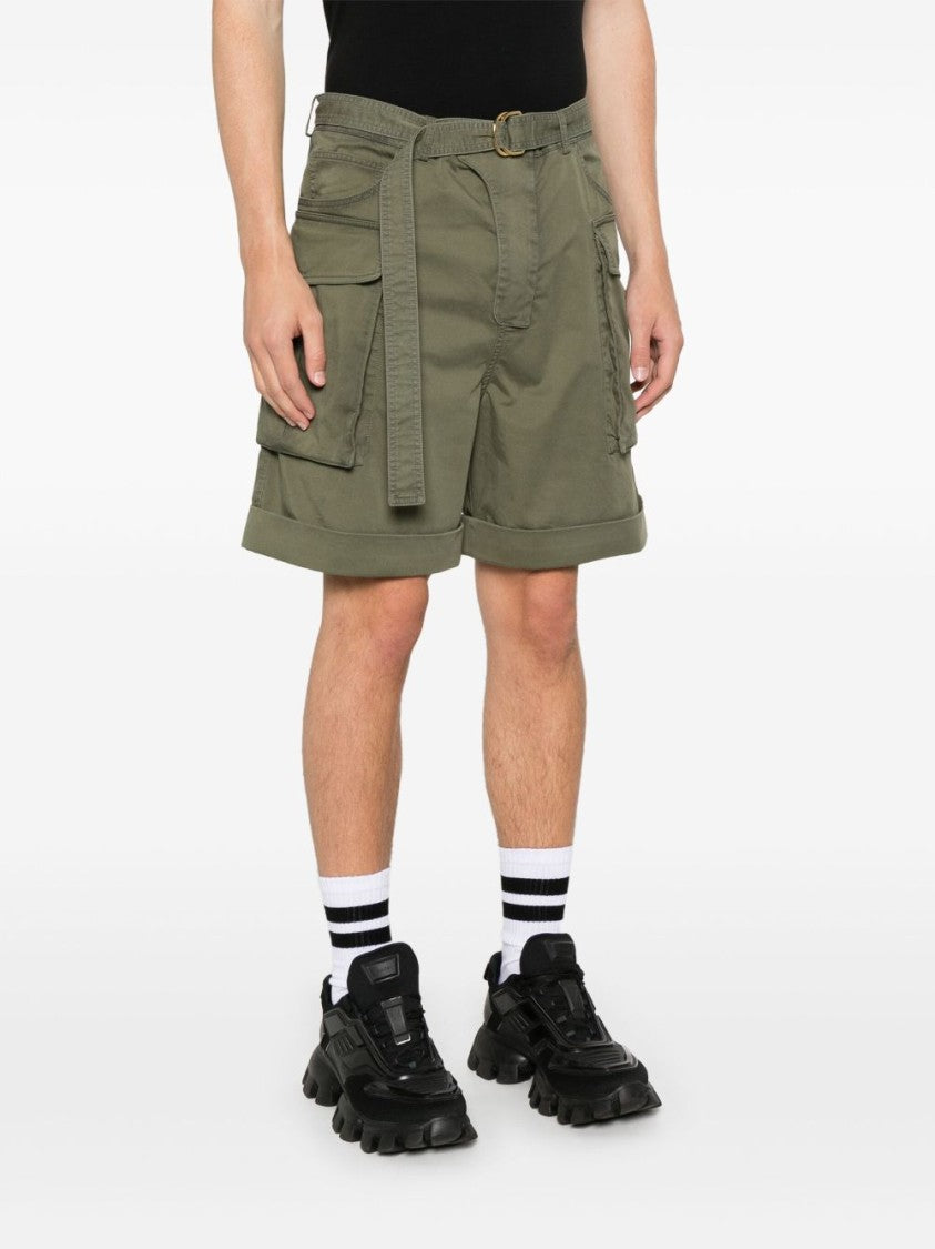 Balmain Olive Green Belted Waist Turn-Up Shorts