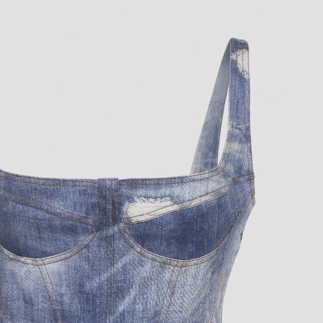 Roberto Cavalli Mini Denim Patchwork Dress With Structured Cups And Frayed Hem