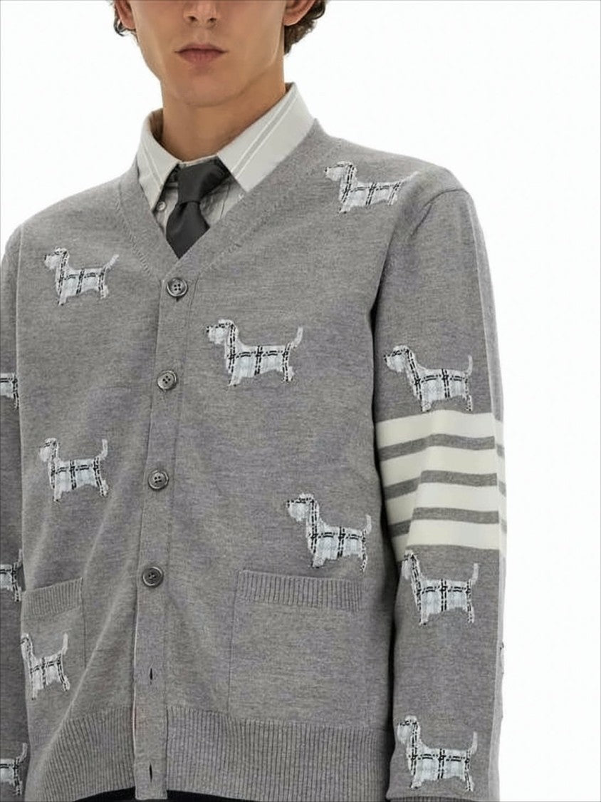 Thom Browne Embroidered Grey Wool Blend Cardigan With Signature Stripes