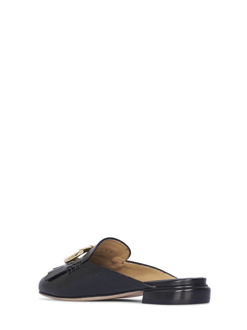 Ferragamo Textured Leather Flat Slip-On Shoes With Decorative Buckle