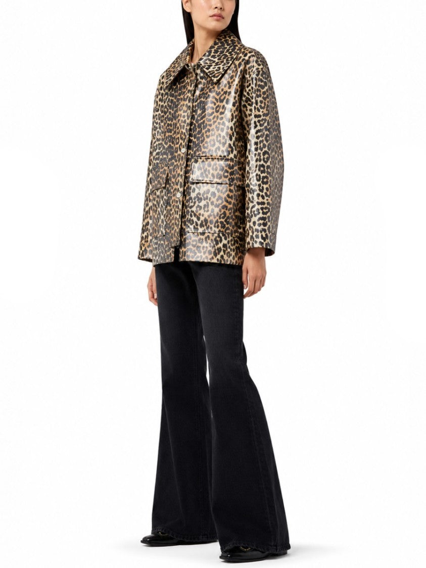 Ganni Glossy Laminated Animal Print Hemp-Blend Jacket