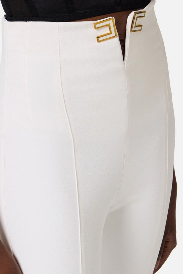 Elisabetta Franchi Ivory High-Waist V-Cut Logo Hardware Polyester-Blend Cropped Pants