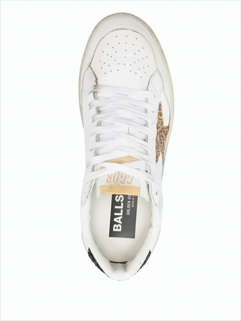 Golden Goose Distressed White Leather Sneakers With Glitter Accents