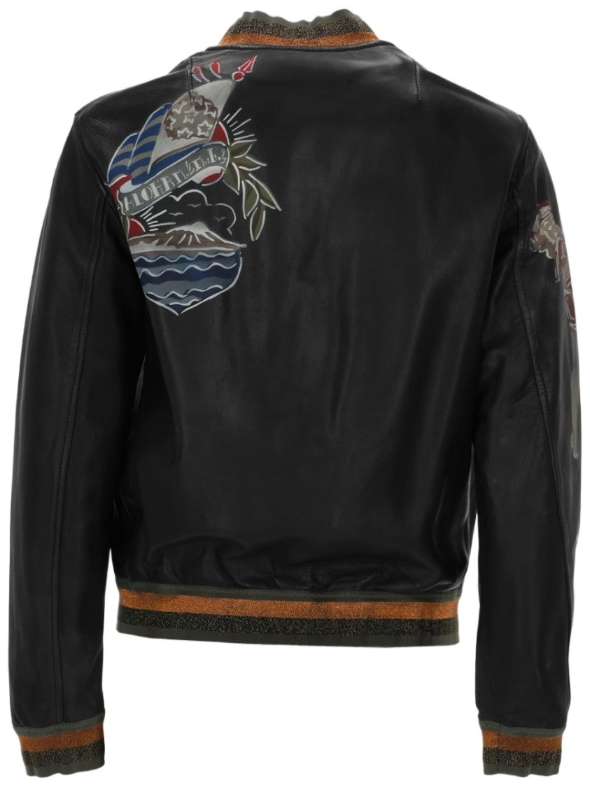 Mr & Mrs Italy Black Leather Bomber Jacket With Contrasting Ribbed Details