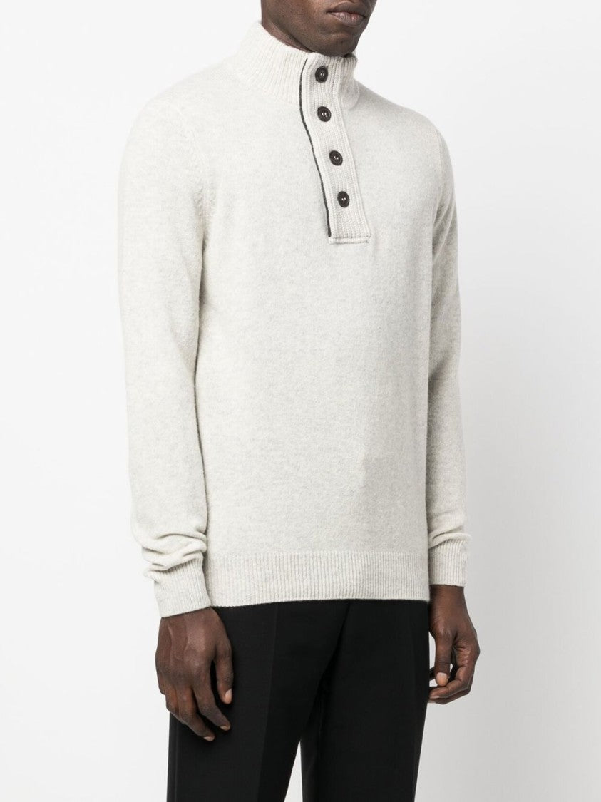 Barbour Pearl Grey Wool Ribbed Knit Sweater With Mock Neck And Button Placket