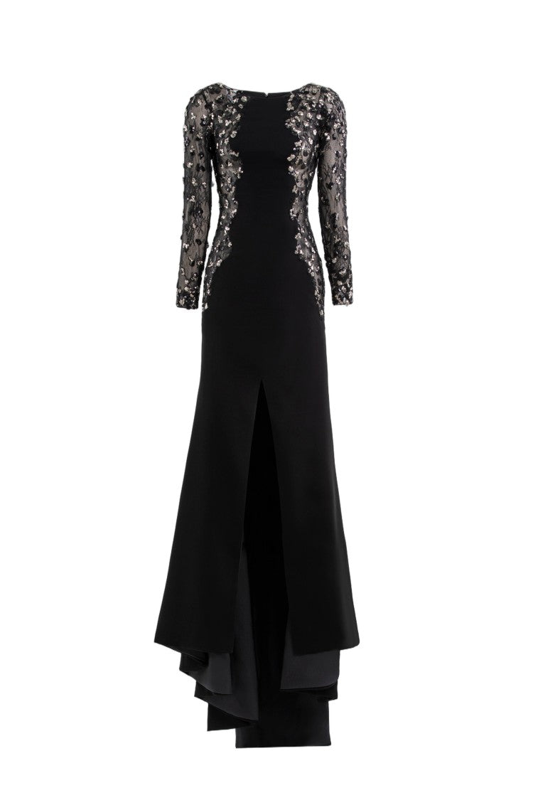 Saiid Kobeisy Embellished Crepe Long Dress With Sheer Sleeves And Sequined Detail