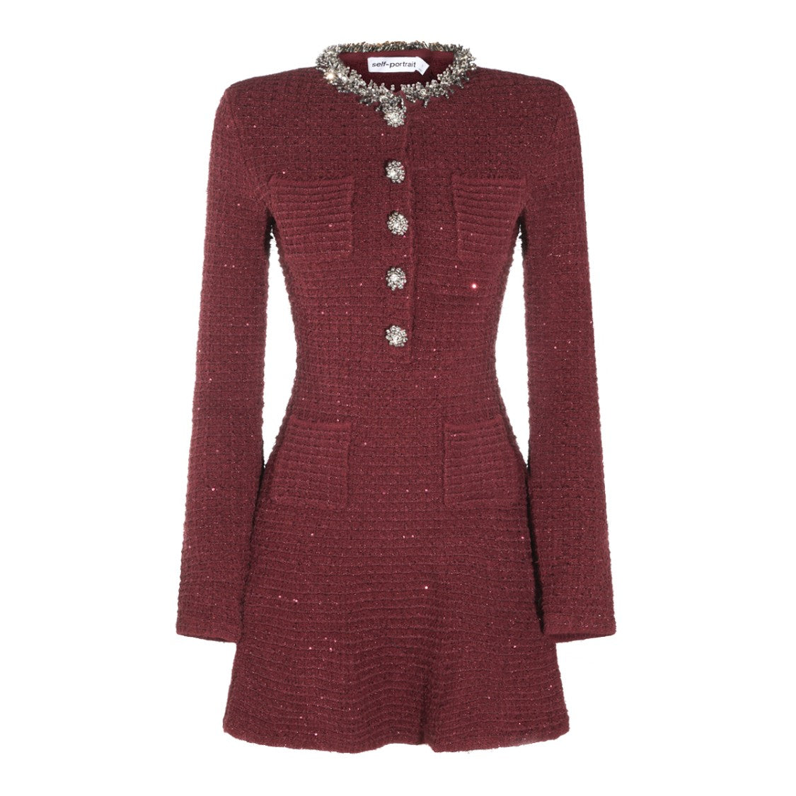 Self-Portrait Burgundy Silver Embellished Tweed Flared Dress