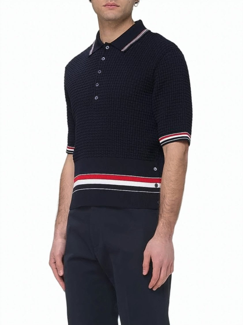 Thom Browne Textured Knit Short-Sleeve Polo With Striped Accents