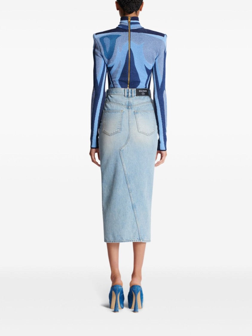 Balmain Washed Denim Midi Skirt