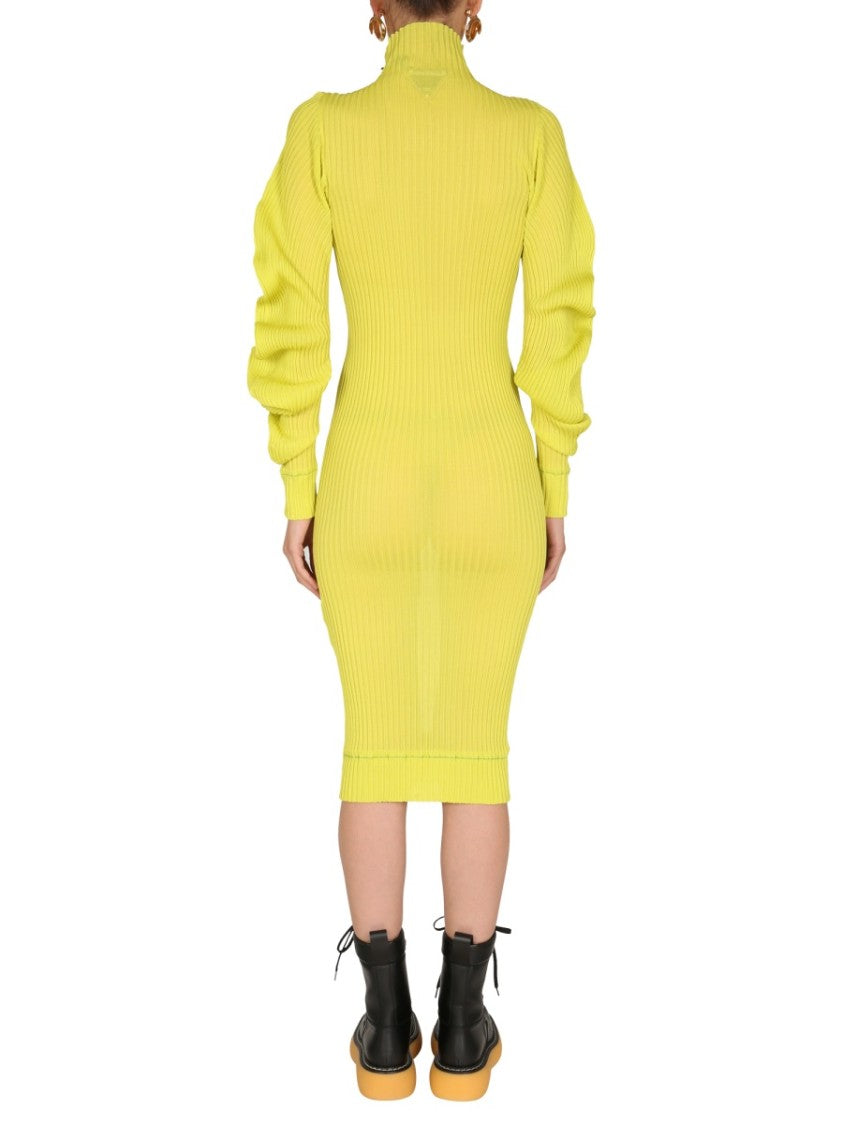 Bottega Veneta Polo Neck Silk Dress With Ruched Sleeves