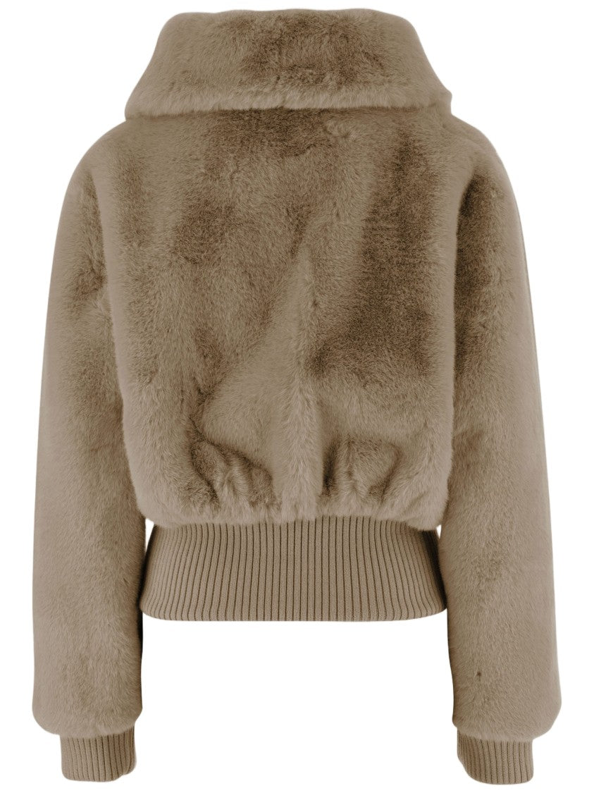 Pinko Cropped Faux Fur Coat With Ribbed Knit Details