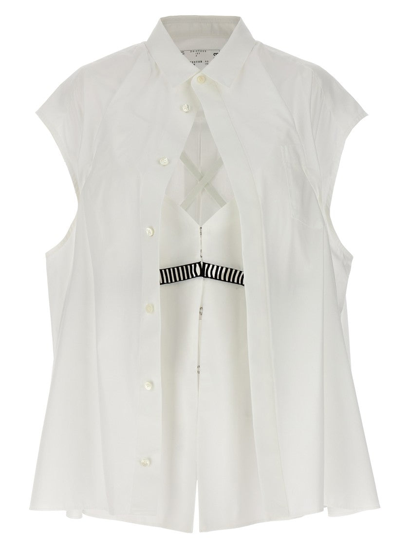 Sacai Sleeveless Shirt With Overlapping Detail And Contrast Embroidery