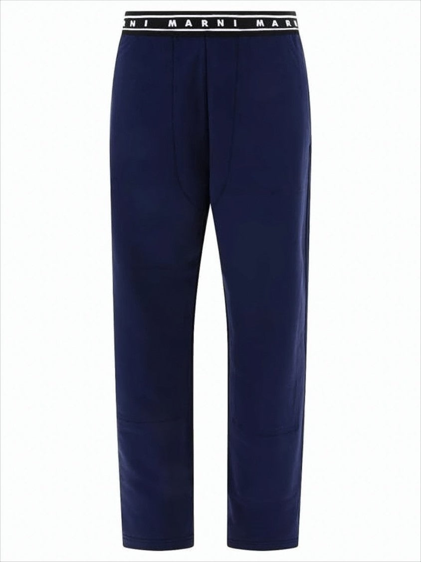 Marni Deep Navy Straight Pants With Logo-Detail Waistband
