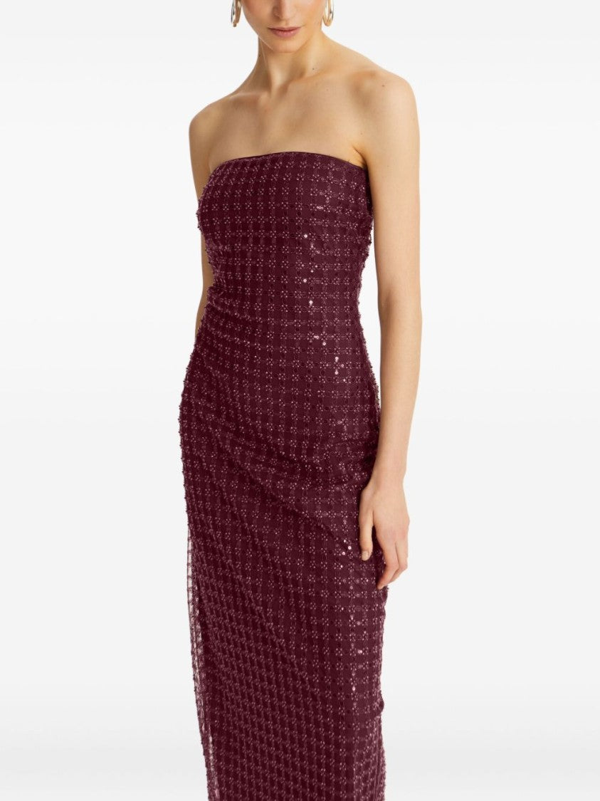 Rotate Floor-Length Burgundy Strapless Evening Dress With Sequined Detailing
