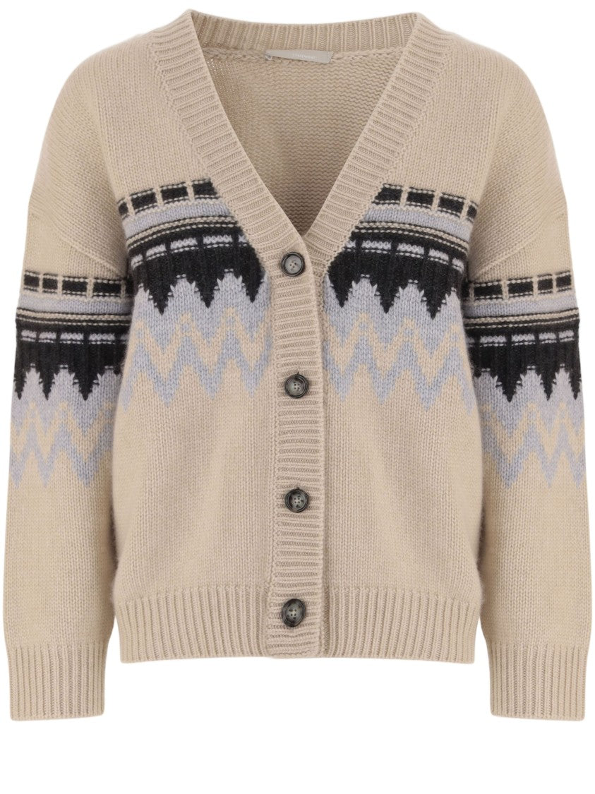 Allude Beige Geometric Pattern Cashmere Cardigan