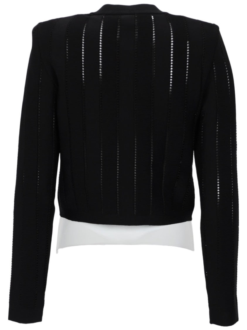 Balmain Cropped Cardigan With Vertical Open-Knit Stripes And Gold-Tone Buttons