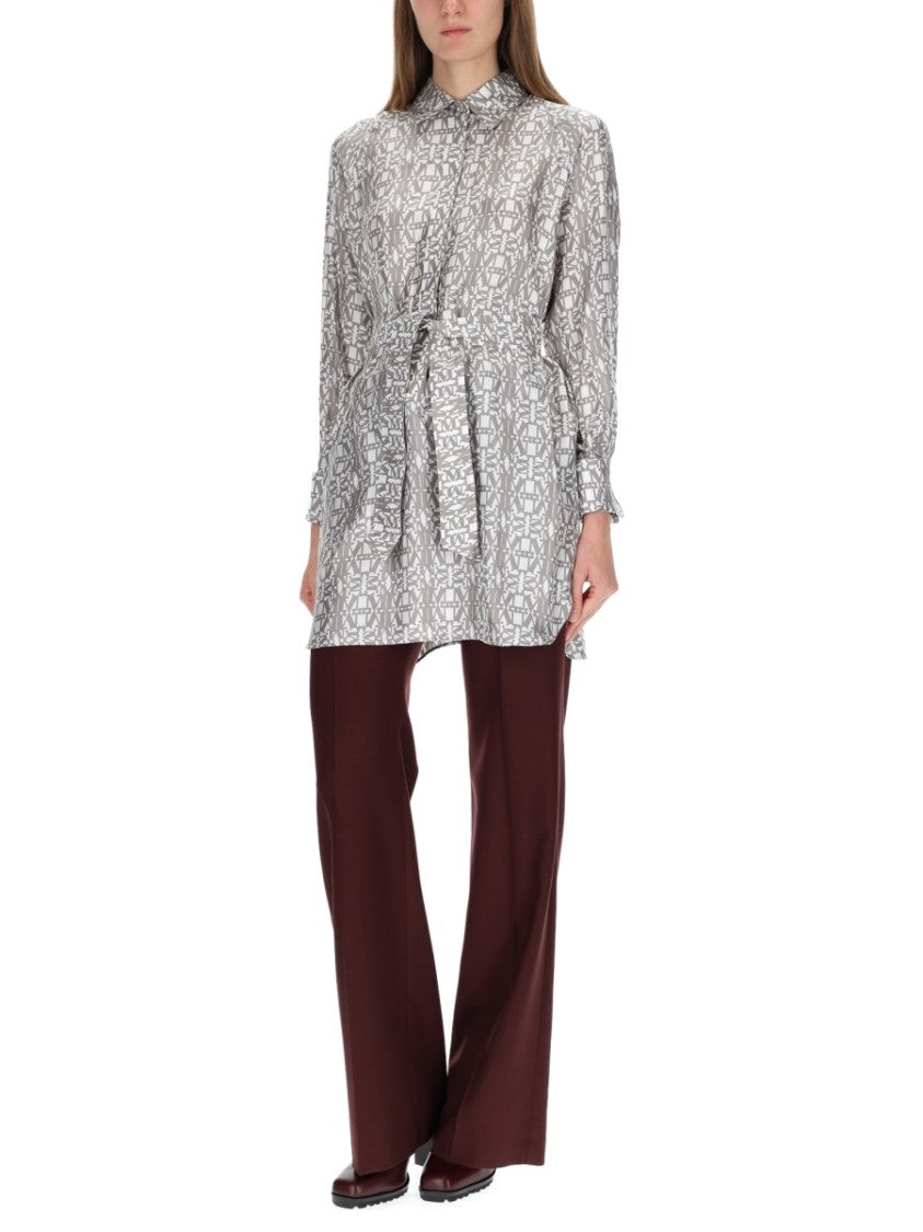 Max Mara Geometric Print Silk Chemisier Dress With Classic Collar And Matching Belt