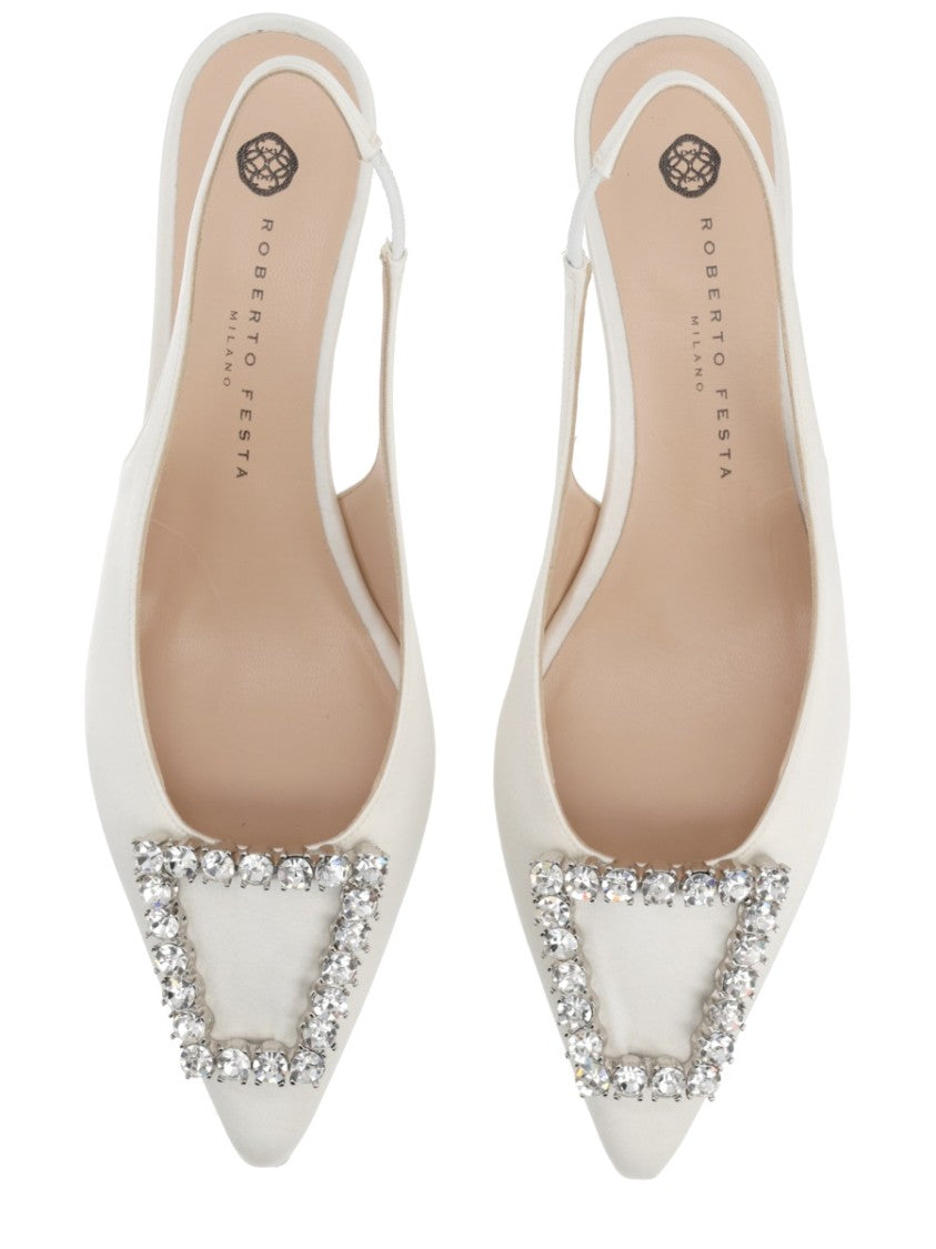Roberto Festa Pointed Toe Slingback Pumps With Geometric Crystal Embellishment