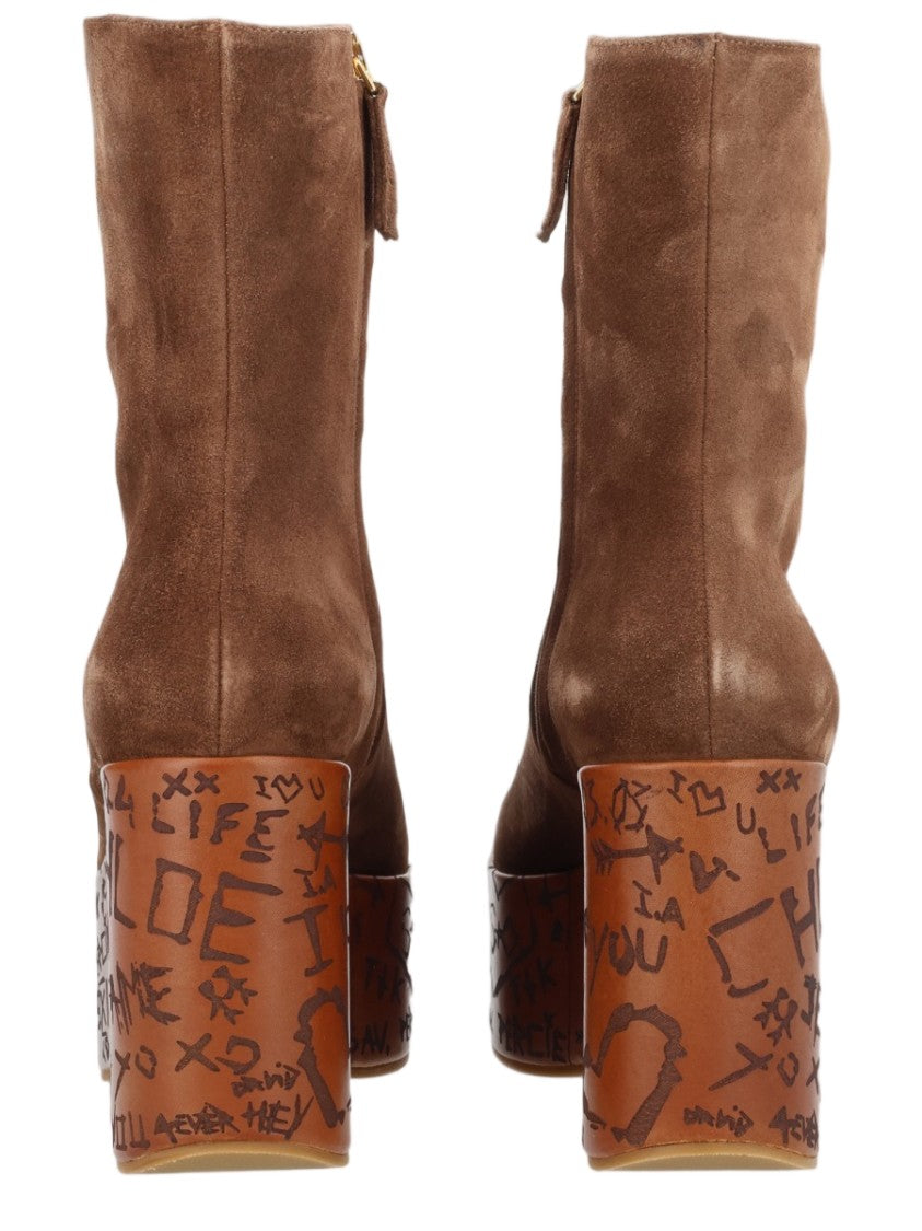 Chloé Brown Mid-Calf Suede Graffiti Platform Boots