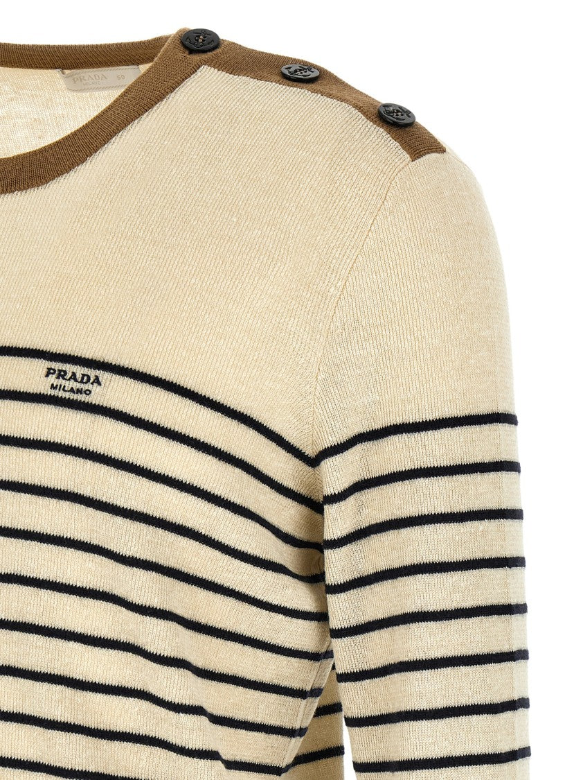 Prada Horizontal Striped Linen-Virgin Wool Sweater With Button Detail