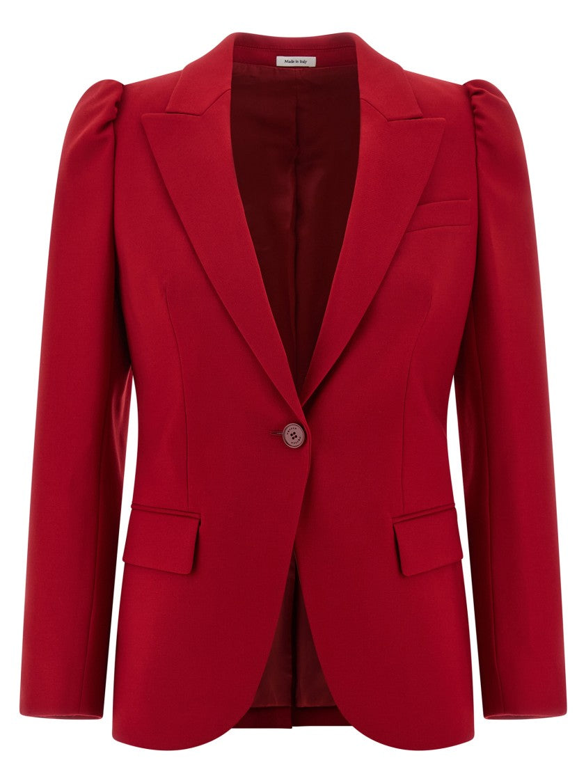 Mcqueen Single-Breasted Grain De Poudre Blazer With Peak Lapels And Puffed Shoulders