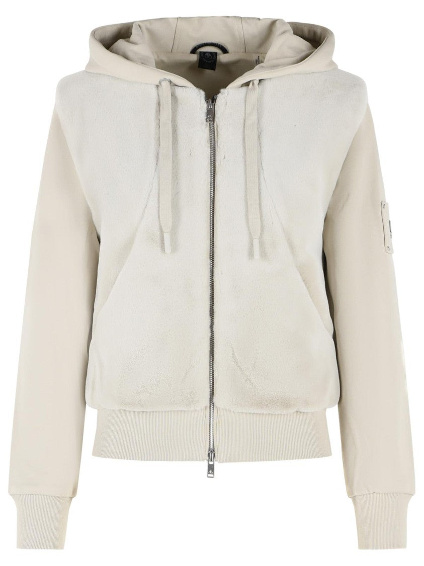 Moose Knuckles Ivory Cotton Sweatshirt With Drawstring Hood And Plush Detailing