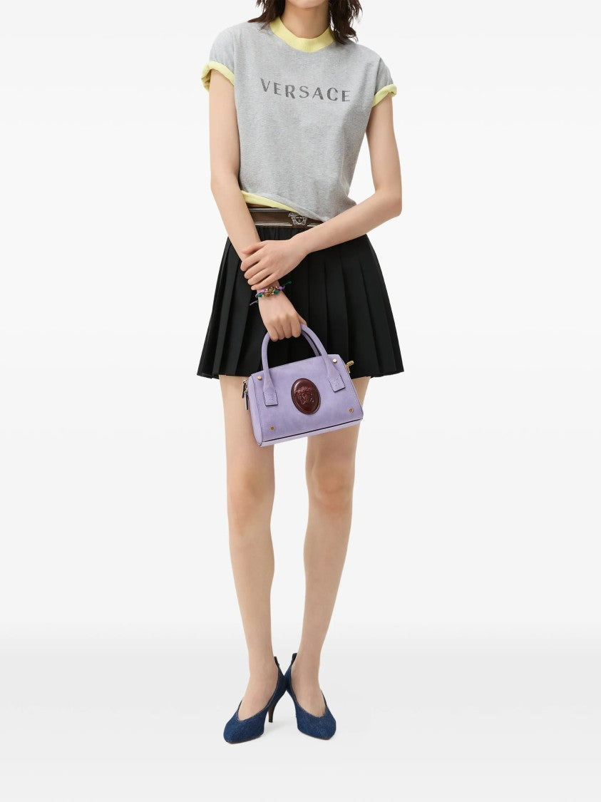 Versace Pleated Mini Skirt With Wide Waistband And Emblem