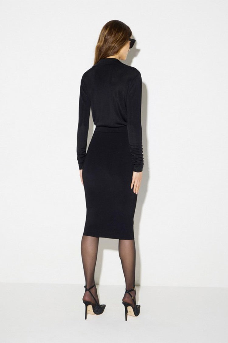 Elisabetta Franchi Black Collared Wrap Key-Charm Viscose-Blend Midi Dress