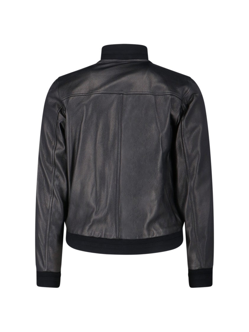 Valstar Textured Black Leather Jacket With Cashmere Ribbed Collar