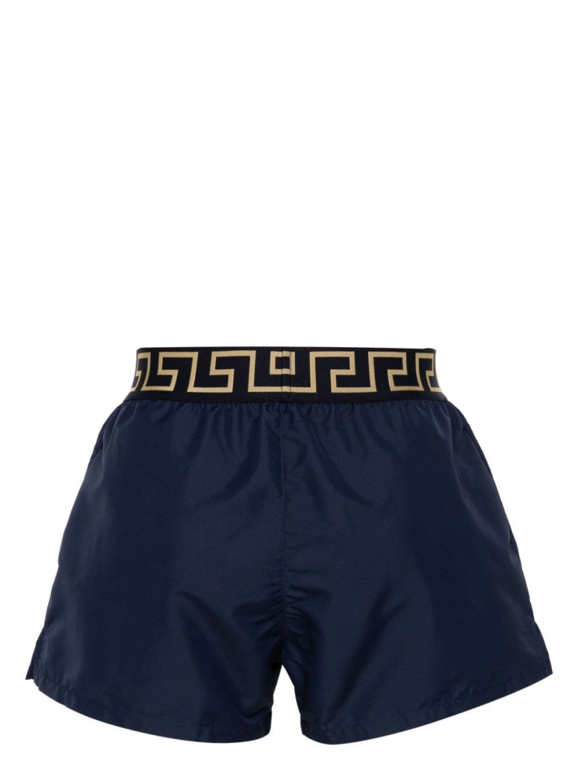Versace Navy Silk-Nylon Swim Shorts With Greek Key Waistband