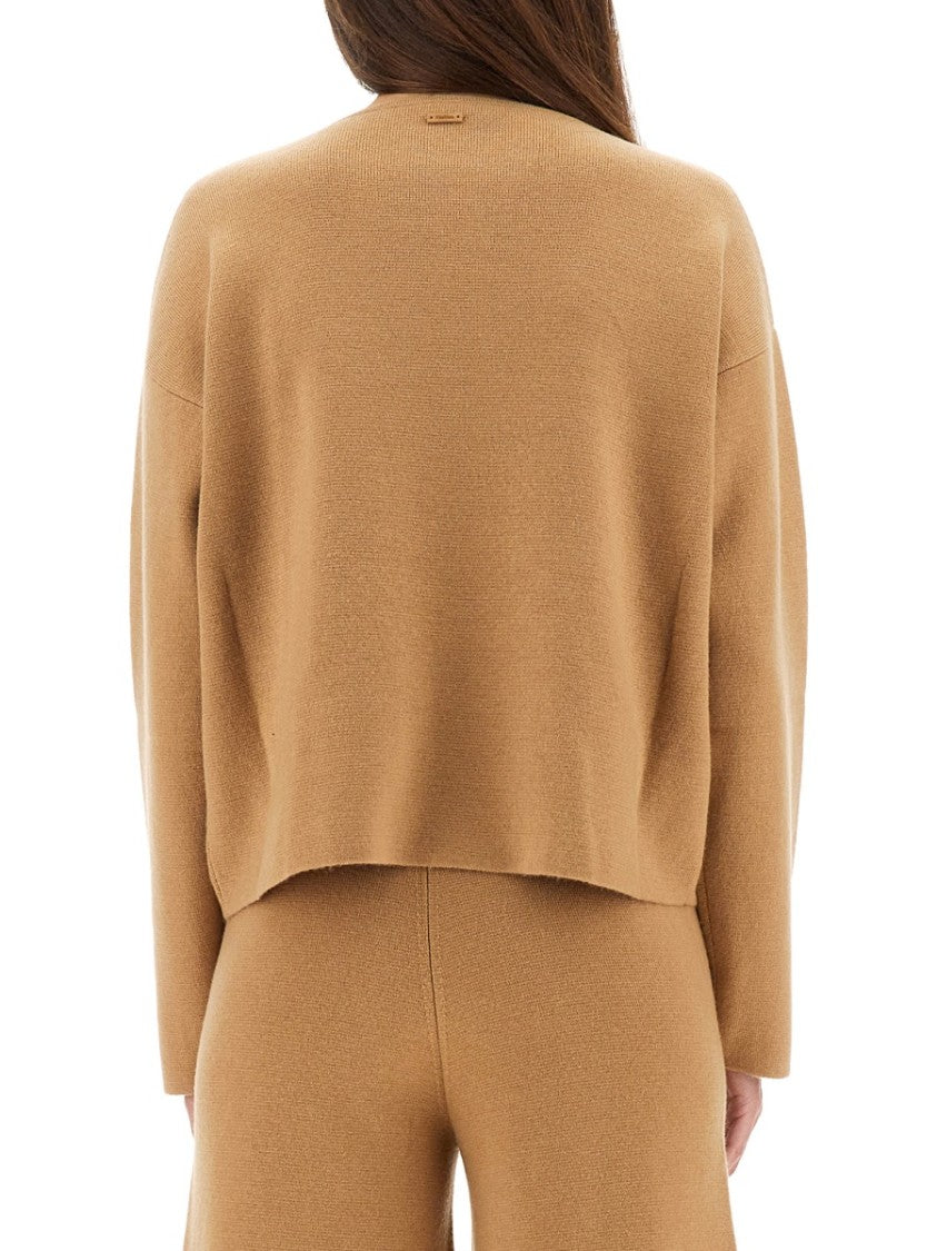 Max Mara Relaxed Fit Brown Knit Sweater With V-Notch Neckline