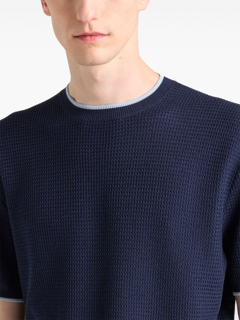 Prada Navy Blue Short-Sleeve Sweater With Contrasting Border