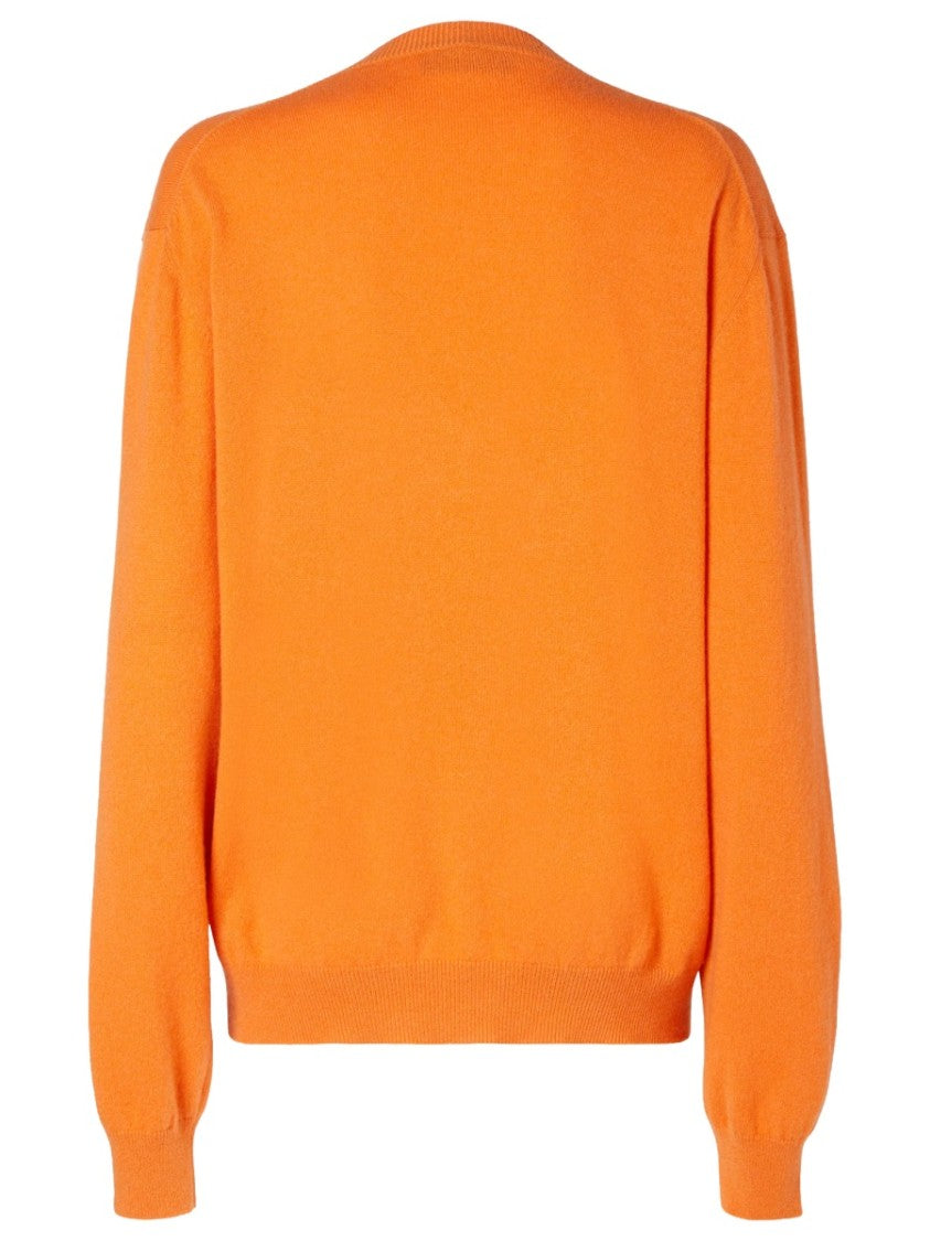 Fendi Vibrant Orange Cashmere Blend V-Neck Sweater With Ribbed Details