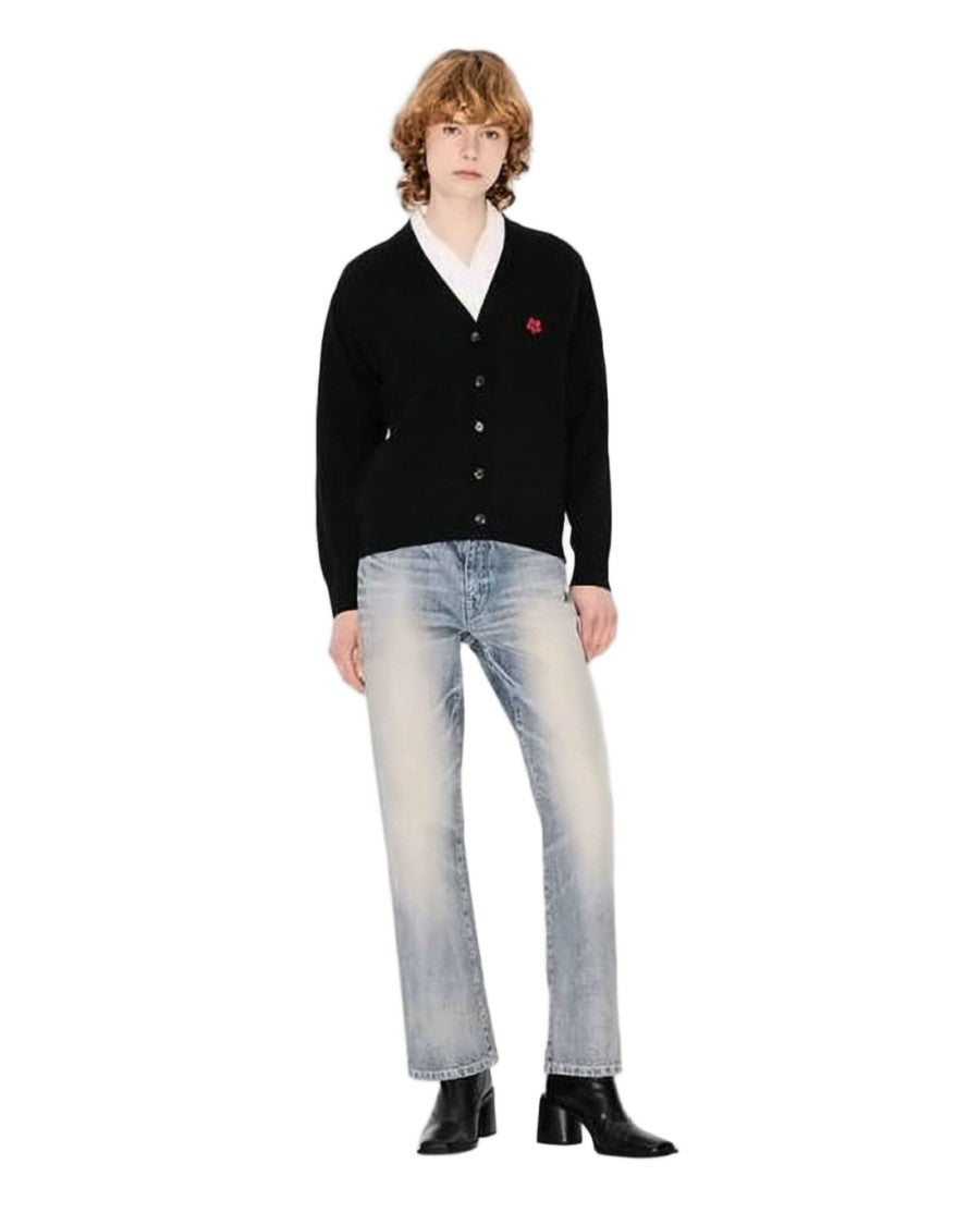 Kenzo V-Neck Black Cardigan With Floral Emblem