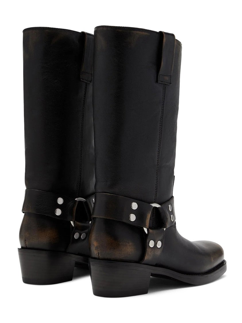 Paris Texas Mid-Calf Boots With Decorative Harness And Distressed Finish