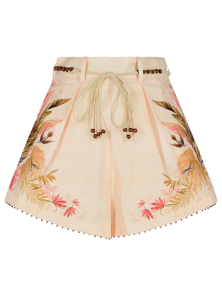 Zimmermann Tuck' Linen Pleated Shorts In 'Cream Palm Floral'