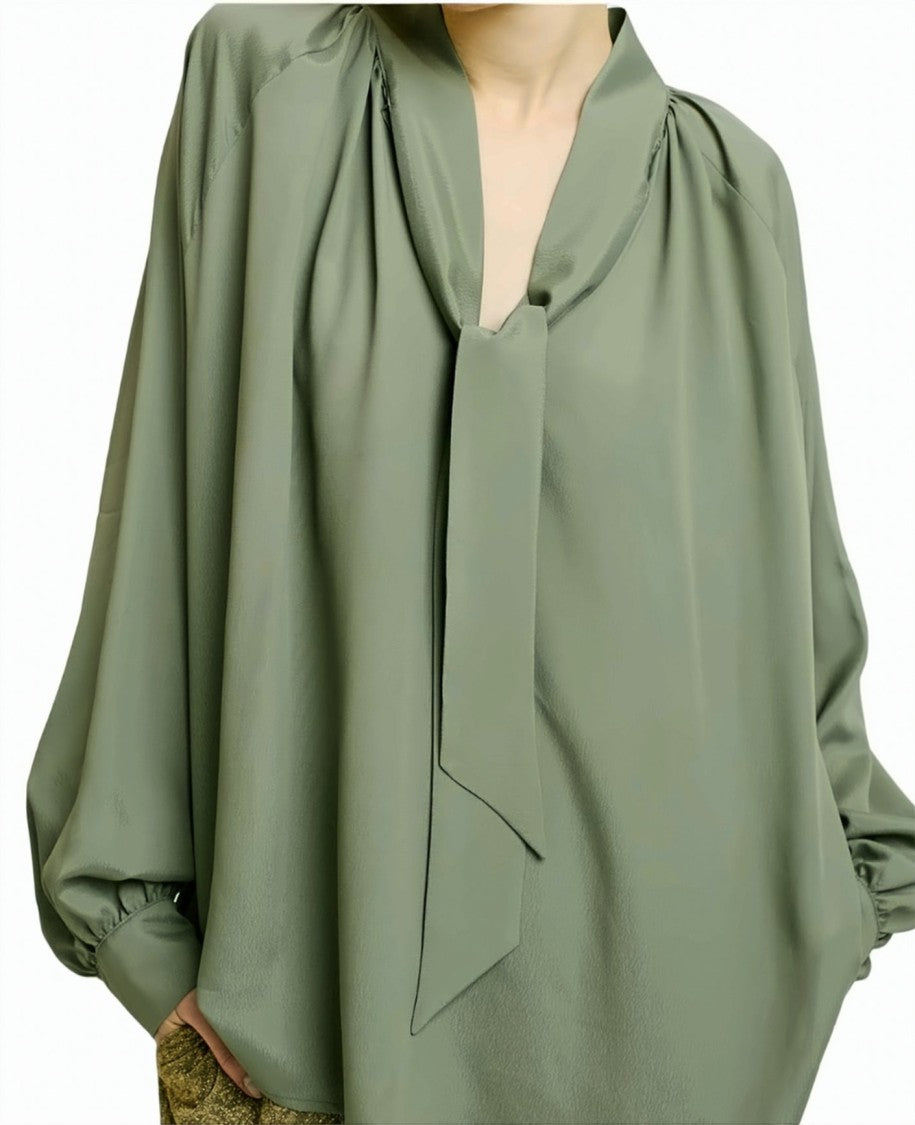 Momonì Oversized Viscose Georgette Gathered V-Neck Blouse