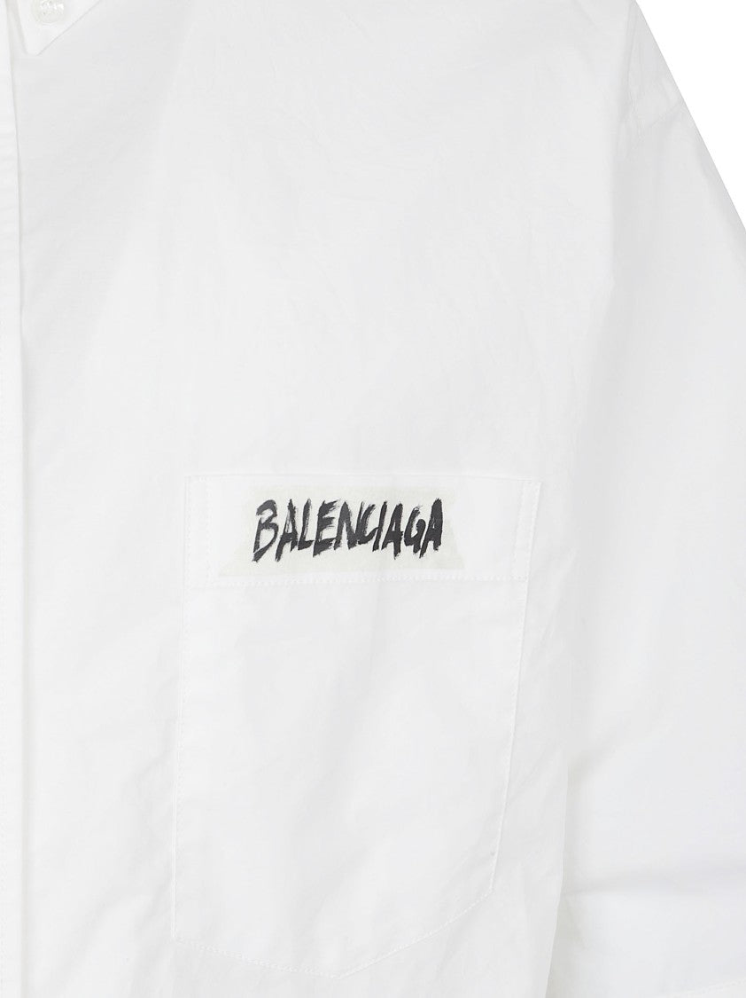 Balenciaga Short-Sleeve White Shirt With Button-Down Collar And Logo Detail