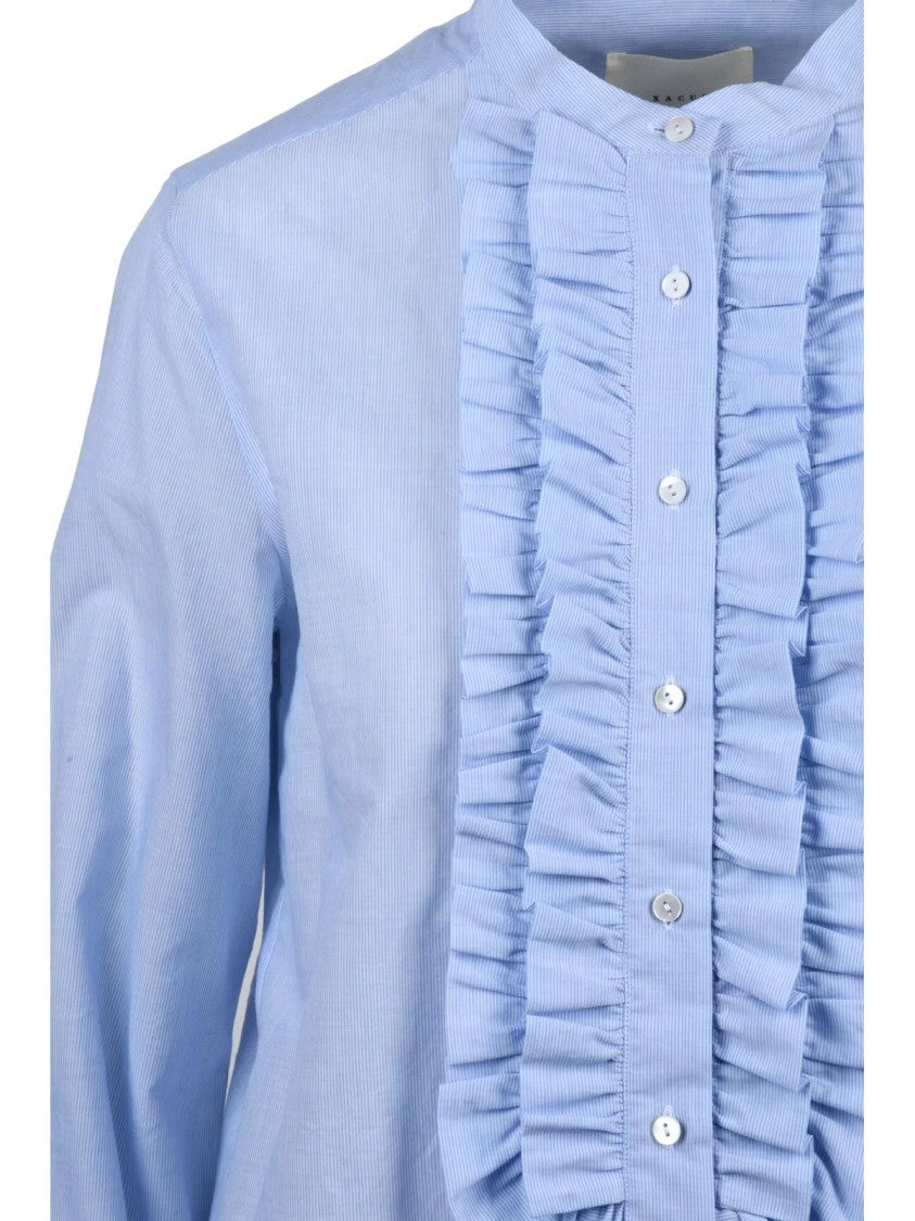 Xacus Light Blue Ruffle Detail Mandarin Collar Cotton Shirt