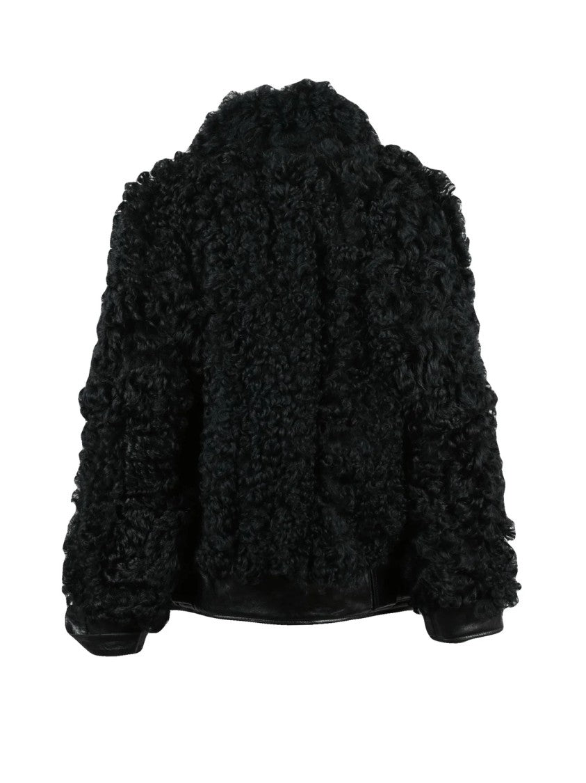 Golden Goose Curly Shearling And Leather Jacket With Structured Collar