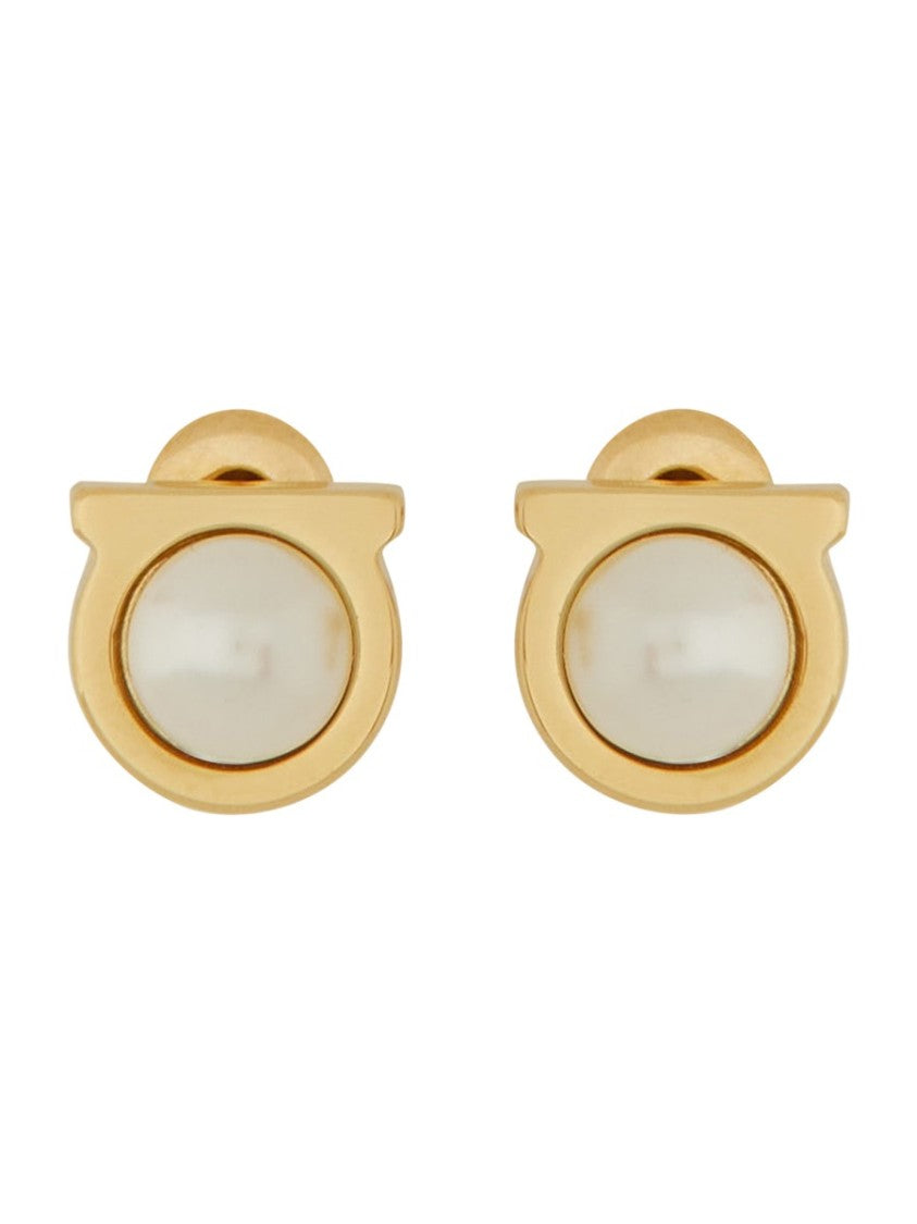 Ferragamo Curved Gold-Tone Stud Earrings With Oval Pearl