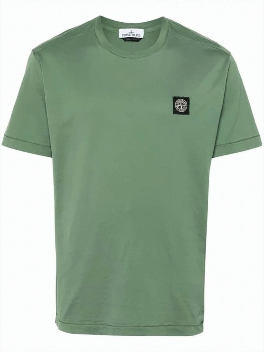 Stone Island Minimalist Green Cotton T-Shirt With Iconic Logo Patch