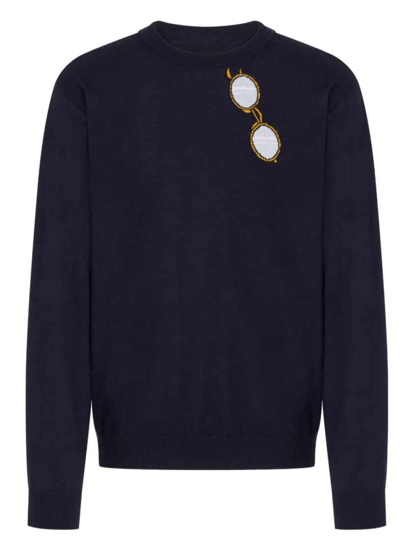Moschino Dark Navy Blue Knit Sweater With Unique Embroidery