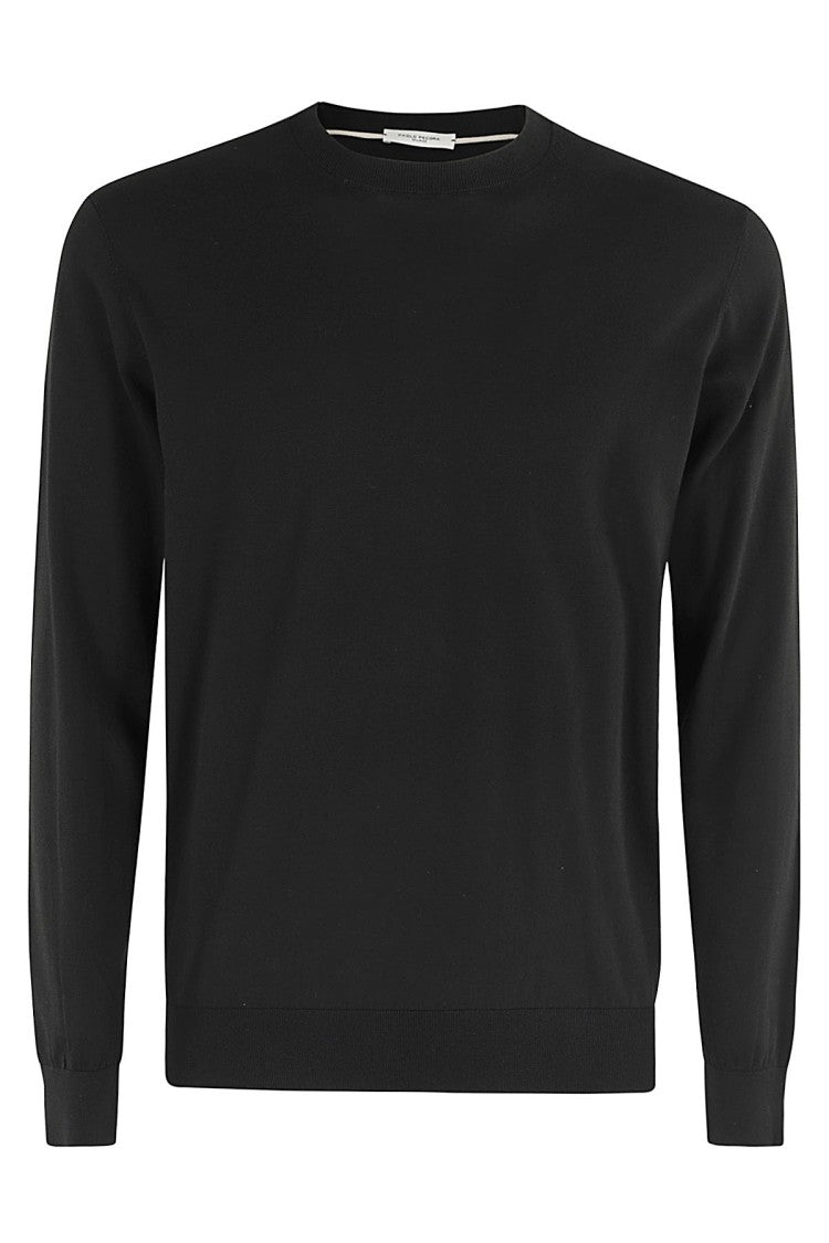 Paolo Pecora Black Round Neck Ribbed-Trim Cotton Sweater