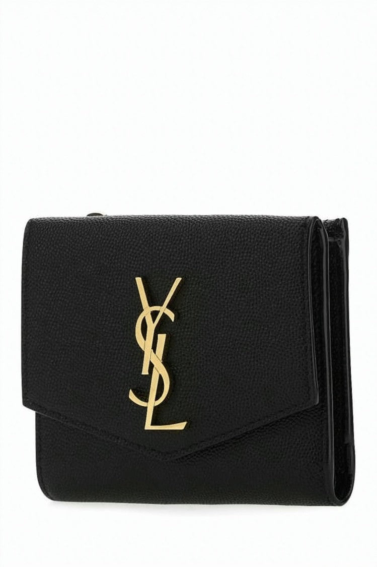 Saint Laurent Textured Leather Compact Wallet With Gold Emblem