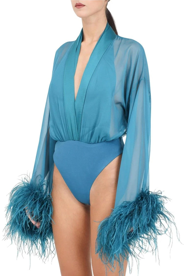 Santas* Deep V-Neck Bodysuit With Sheer Sleeves