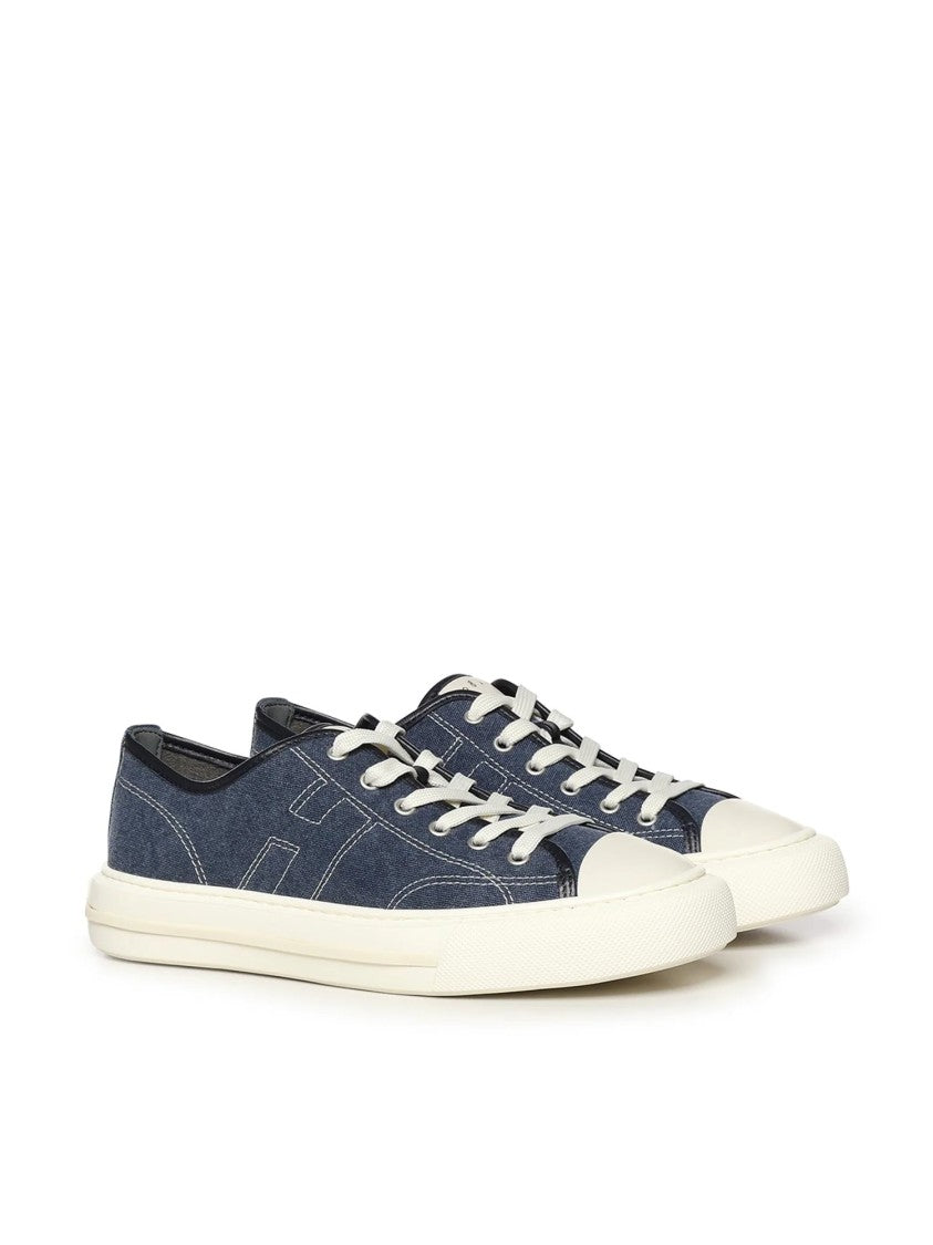 Hogan Denim-Textured Low-Top Sneakers With Embossed Logo